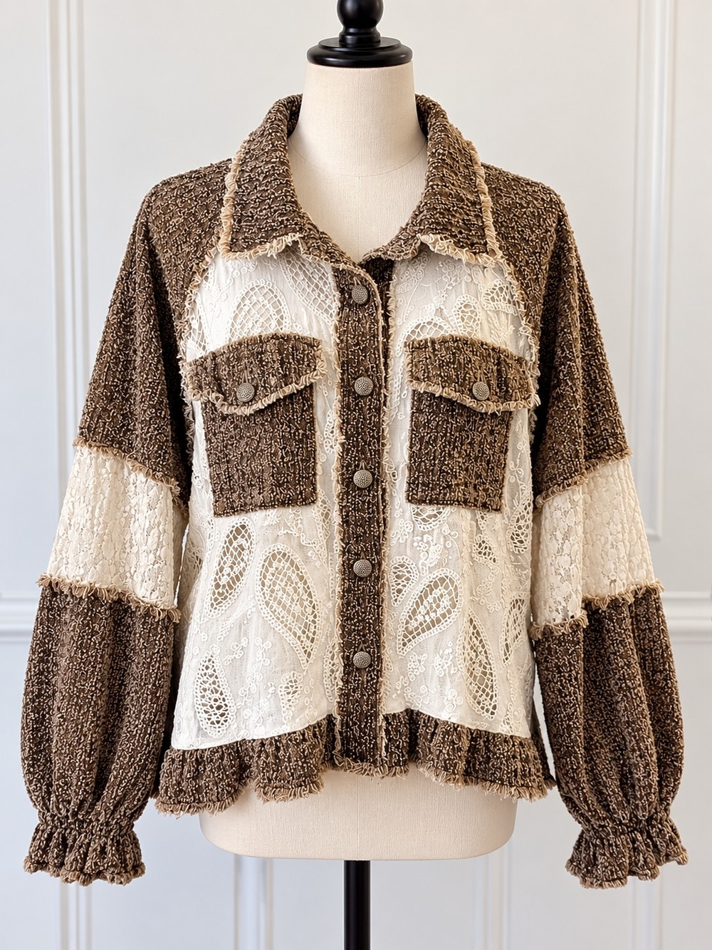 POL Boho Lace Patchwork Textured Button Front Top Jacket Shacket Brown Ivory - Picture 2 of 5